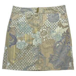 Ann Taylor Olive Green Paisley Print Cotton Denim Mini Skirt Size 8 EUC